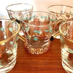 Libbey David Douglas set of 4 glasses and sugar bowl- Gold & Turquoise Pine Cone